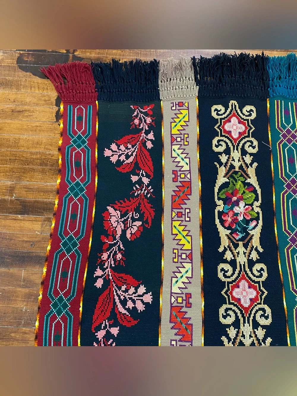 Vintage Handmade Cross Stitch Afghan Floral Folk Art Needlepoint Fringed Throw
